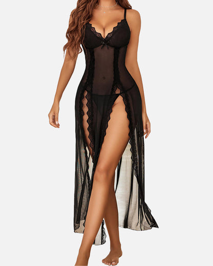 Long Split Nightgown — Sheer Voile & Lace