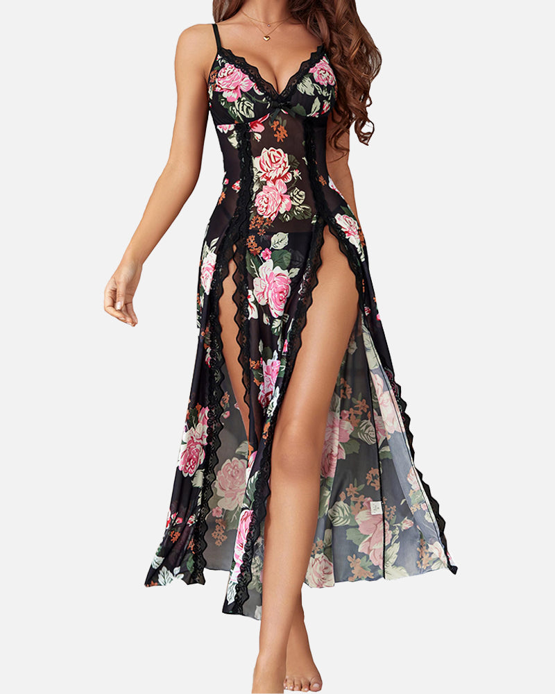 Long Split Nightgown — Sheer Voile & Lace
