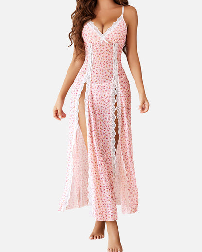 Long Split Nightgown — Sheer Voile & Lace