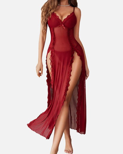 Long Split Nightgown — Sheer Voile & Lace